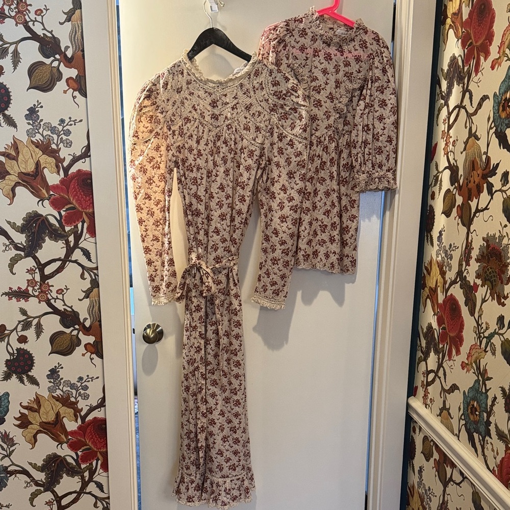 Doen Cream Maxi Dress with Burgundy Floral Print and Lace Trim